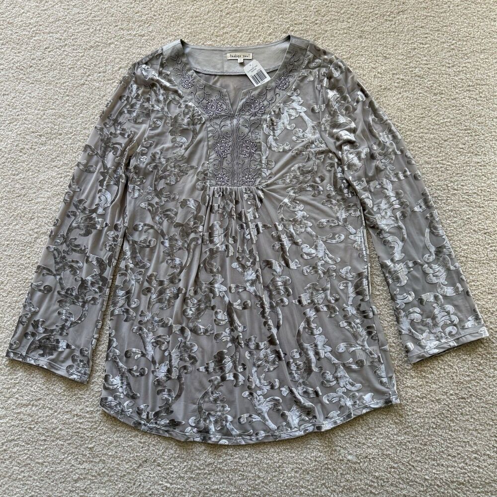 Indigo Soul Womens Sz M Burnout Velour Sheer Embroidered Boho Tunic Blouse NWT